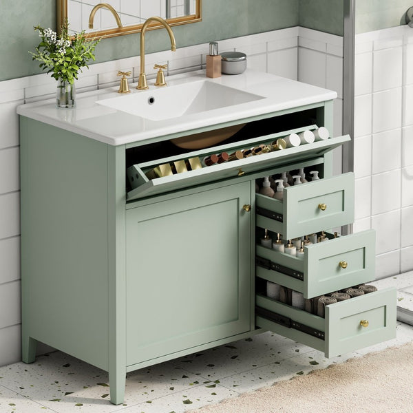 English Elm 36-Inch Freestanding Bathroom Vanity with Ceramic Sink MDF Cabinet and 3 Drawers Light Green N725P464930F
