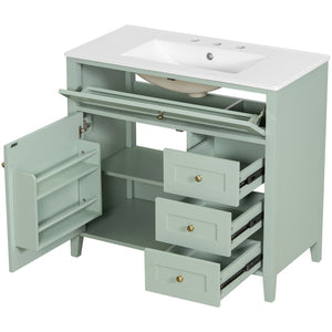 English Elm 36-Inch Freestanding Bathroom Vanity with Ceramic Sink MDF Cabinet and 3 Drawers Light Green N725P464930F