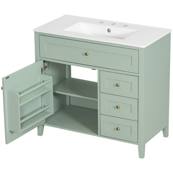 English Elm 36-Inch Freestanding Bathroom Vanity with Ceramic Sink MDF Cabinet and 3 Drawers Light Green N725P464930F