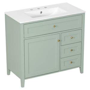 English Elm 36-Inch Freestanding Bathroom Vanity with Ceramic Sink MDF Cabinet and 3 Drawers Light Green N725P464930F