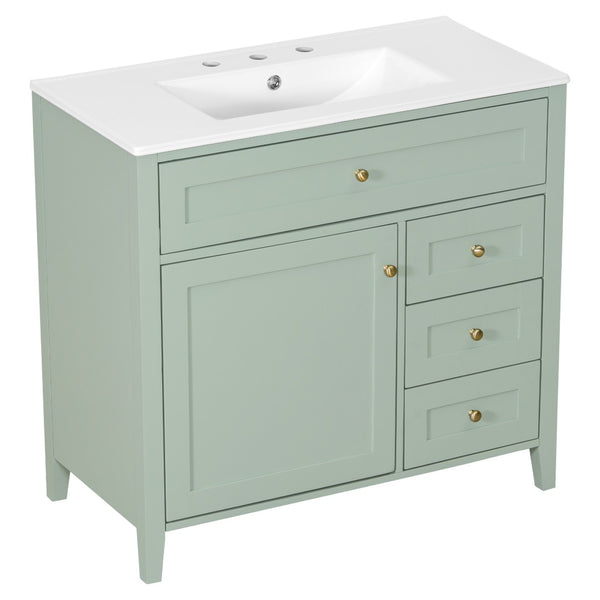 English Elm 36-Inch Freestanding Bathroom Vanity with Ceramic Sink MDF Cabinet and 3 Drawers Light Green N725P464930F