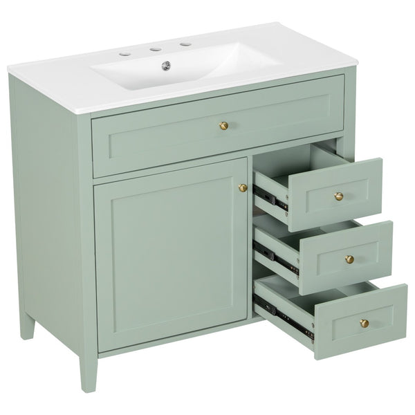 English Elm 36-Inch Freestanding Bathroom Vanity with Ceramic Sink MDF Cabinet and 3 Drawers Light Green N725P464930F