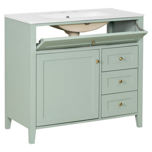English Elm 36-Inch Freestanding Bathroom Vanity with Ceramic Sink MDF Cabinet and 3 Drawers Light Green N725P464930F