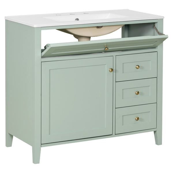 English Elm 36-Inch Freestanding Bathroom Vanity with Ceramic Sink MDF Cabinet and 3 Drawers Light Green N725P464930F