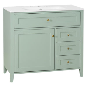 English Elm 36-Inch Freestanding Bathroom Vanity with Ceramic Sink MDF Cabinet and 3 Drawers Light Green N725P464930F
