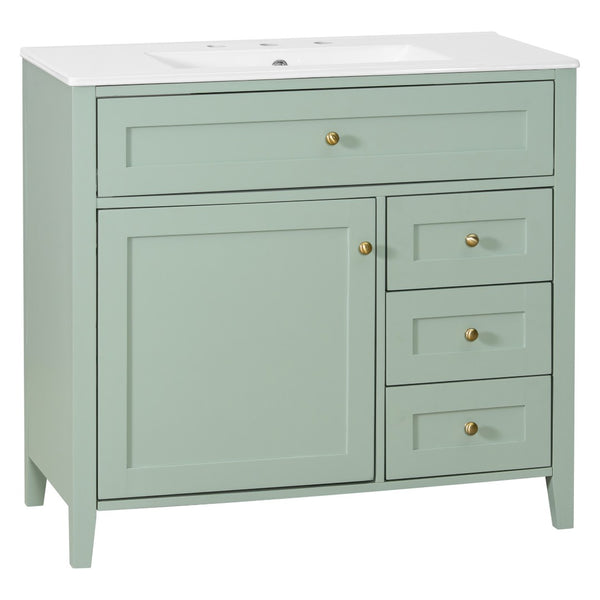 English Elm 36-Inch Freestanding Bathroom Vanity with Ceramic Sink MDF Cabinet and 3 Drawers Light Green N725P464930F