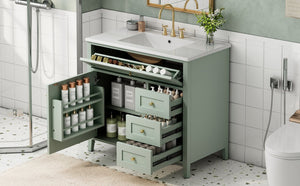 English Elm 36-Inch Freestanding Bathroom Vanity with Ceramic Sink MDF Cabinet and 3 Drawers Light Green N725P464930F