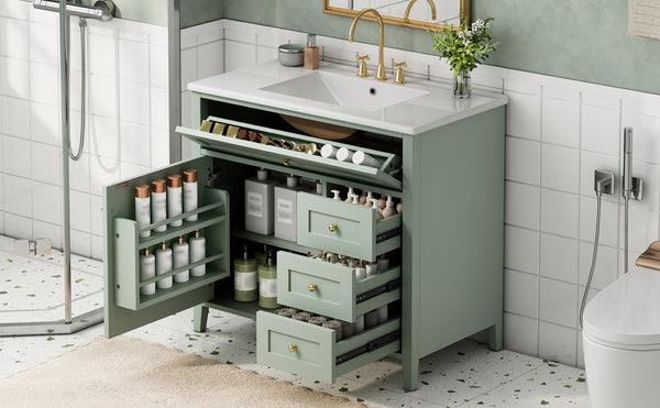 English Elm 36-Inch Freestanding Bathroom Vanity with Ceramic Sink MDF Cabinet and 3 Drawers Light Green N725P464930F