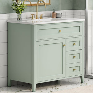 English Elm 36-Inch Freestanding Bathroom Vanity with Ceramic Sink MDF Cabinet and 3 Drawers Light Green N725P464930F