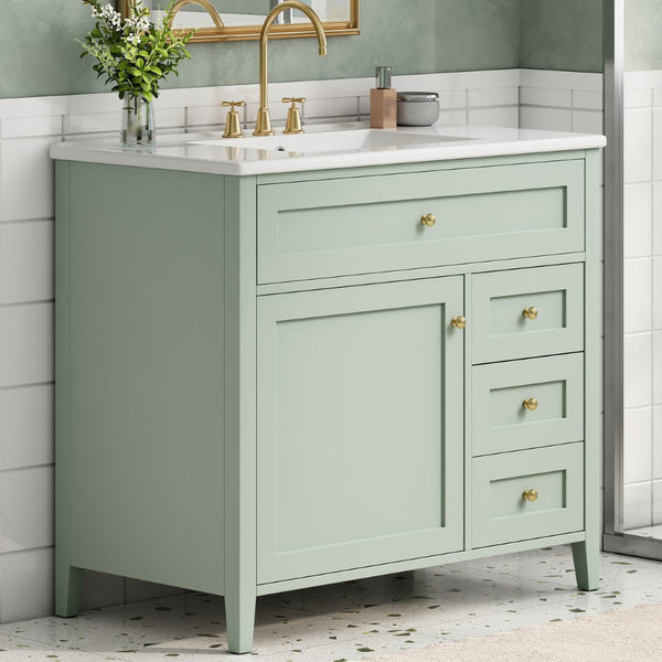 English Elm 36-Inch Freestanding Bathroom Vanity with Ceramic Sink MDF Cabinet and 3 Drawers Light Green N725P464930F