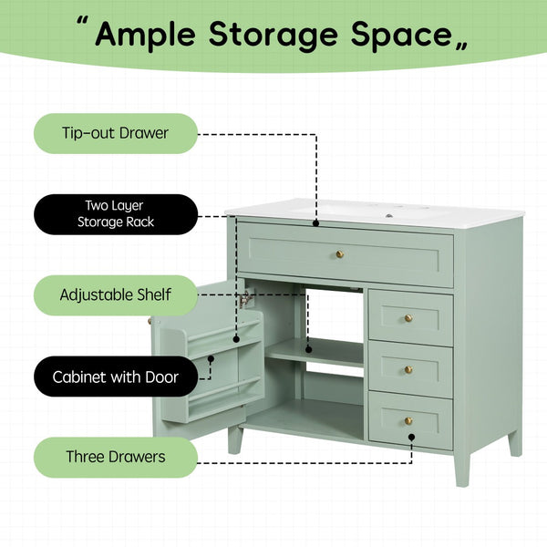 English Elm 36-Inch Freestanding Bathroom Vanity with Ceramic Sink MDF Cabinet and 3 Drawers Light Green N725P464930F