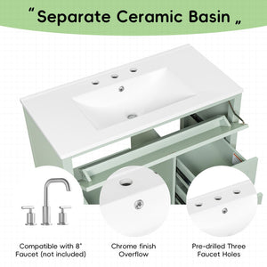 English Elm 36-Inch Freestanding Bathroom Vanity with Ceramic Sink MDF Cabinet and 3 Drawers Light Green N725P464930F