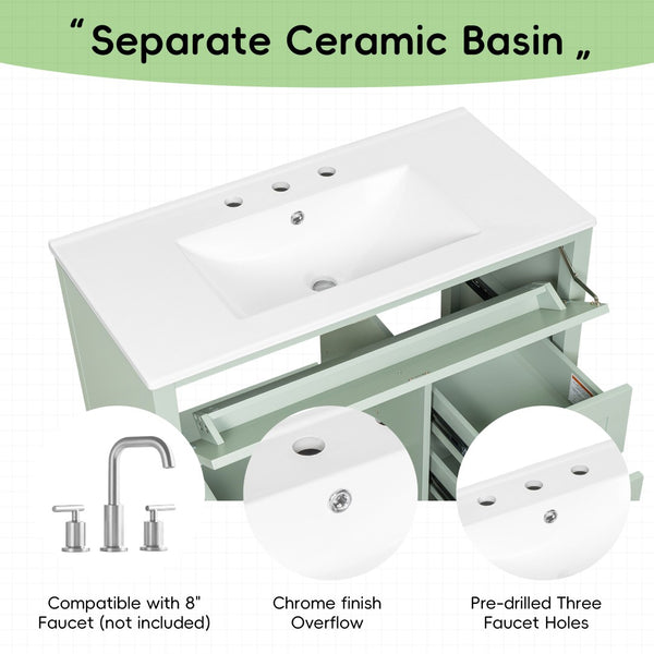English Elm 36-Inch Freestanding Bathroom Vanity with Ceramic Sink MDF Cabinet and 3 Drawers Light Green N725P464930F