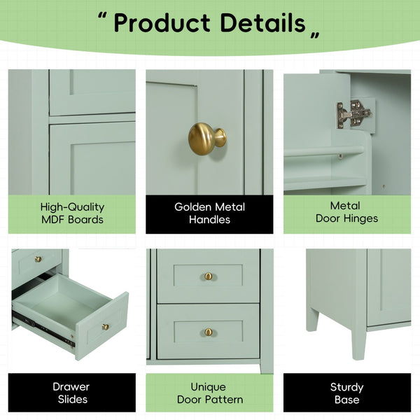 English Elm 36-Inch Freestanding Bathroom Vanity with Ceramic Sink MDF Cabinet and 3 Drawers Light Green N725P464930F
