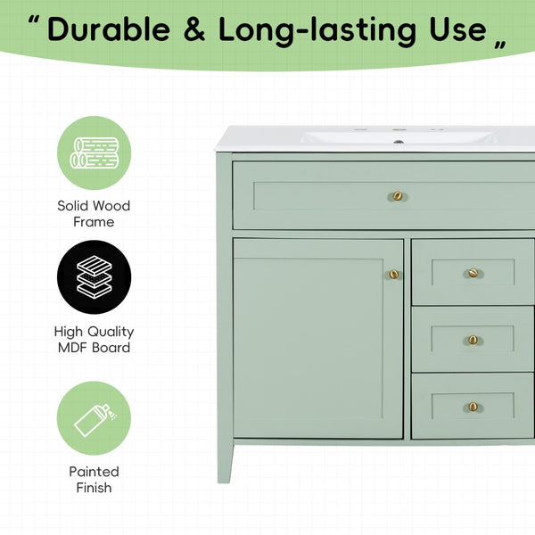 English Elm 36-Inch Freestanding Bathroom Vanity with Ceramic Sink MDF Cabinet and 3 Drawers Light Green N725P464930F