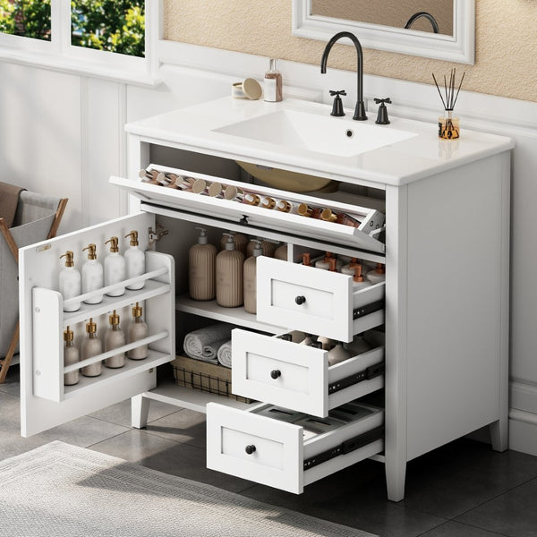 English Elm 36-Inch Freestanding Bathroom Vanity with Ceramic Sink MDF Cabinet and 3 Drawers White N725P464930K