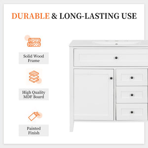 English Elm 36-Inch Freestanding Bathroom Vanity with Ceramic Sink MDF Cabinet and 3 Drawers White N725P464930K