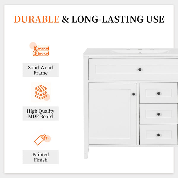 English Elm 36-Inch Freestanding Bathroom Vanity with Ceramic Sink MDF Cabinet and 3 Drawers White N725P464930K