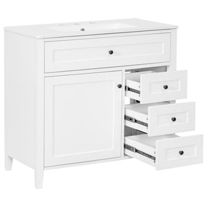 English Elm 36-Inch Freestanding Bathroom Vanity with Ceramic Sink MDF Cabinet and 3 Drawers White N725P464930K