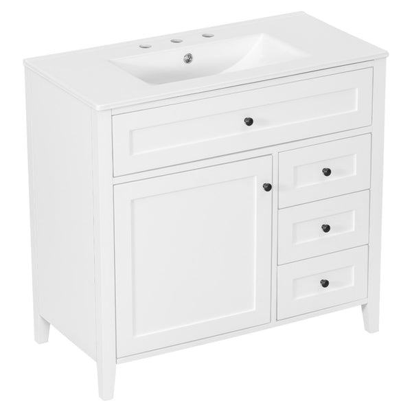 English Elm 36-Inch Freestanding Bathroom Vanity with Ceramic Sink MDF Cabinet and 3 Drawers White N725P464930K