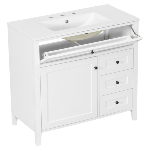 English Elm 36-Inch Freestanding Bathroom Vanity with Ceramic Sink MDF Cabinet and 3 Drawers White N725P464930K