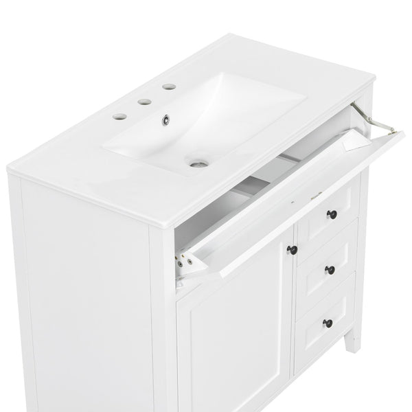English Elm 36-Inch Freestanding Bathroom Vanity with Ceramic Sink MDF Cabinet and 3 Drawers White N725P464930K