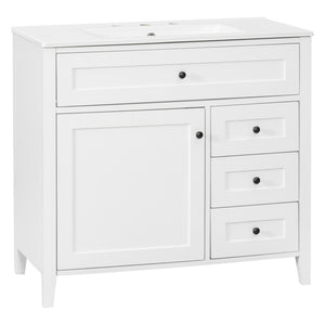 English Elm 36-Inch Freestanding Bathroom Vanity with Ceramic Sink MDF Cabinet and 3 Drawers White N725P464930K