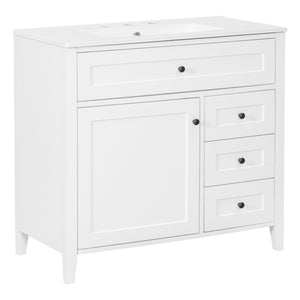 English Elm 36-Inch Freestanding Bathroom Vanity with Ceramic Sink MDF Cabinet and 3 Drawers White N725P464930K