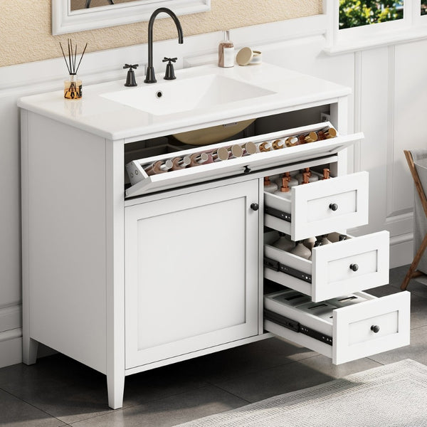 English Elm 36-Inch Freestanding Bathroom Vanity with Ceramic Sink MDF Cabinet and 3 Drawers White N725P464930K