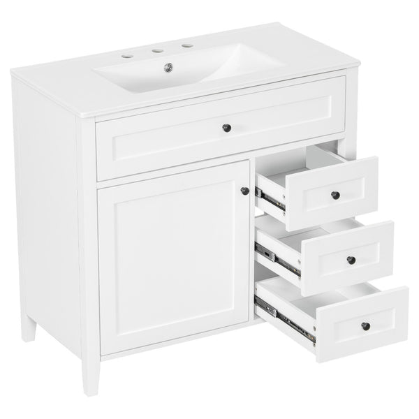 English Elm 36-Inch Freestanding Bathroom Vanity with Ceramic Sink MDF Cabinet and 3 Drawers White N725P464930K
