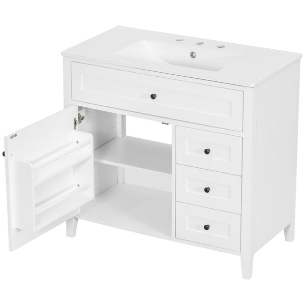 English Elm 36-Inch Freestanding Bathroom Vanity with Ceramic Sink MDF Cabinet and 3 Drawers White N725P464930K