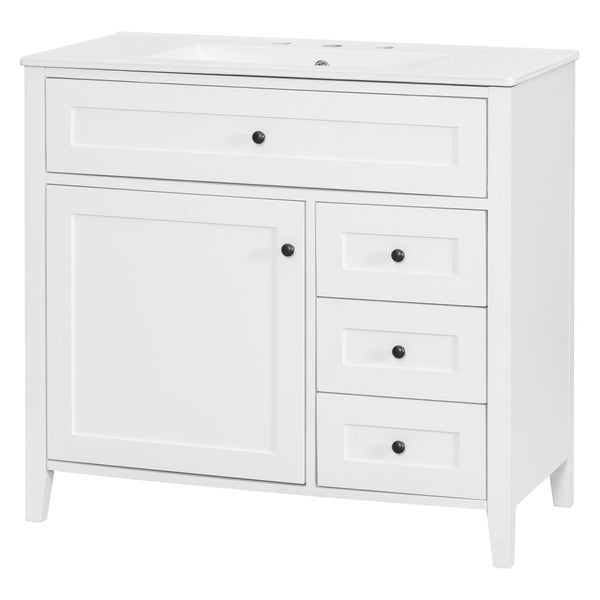 English Elm 36-Inch Freestanding Bathroom Vanity with Ceramic Sink MDF Cabinet and 3 Drawers White N725P464930K