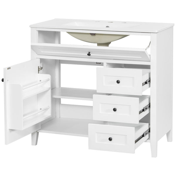 English Elm 36-Inch Freestanding Bathroom Vanity with Ceramic Sink MDF Cabinet and 3 Drawers White N725P464930K