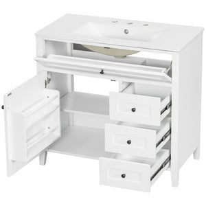 English Elm 36-Inch Freestanding Bathroom Vanity with Ceramic Sink MDF Cabinet and 3 Drawers White N725P464930K