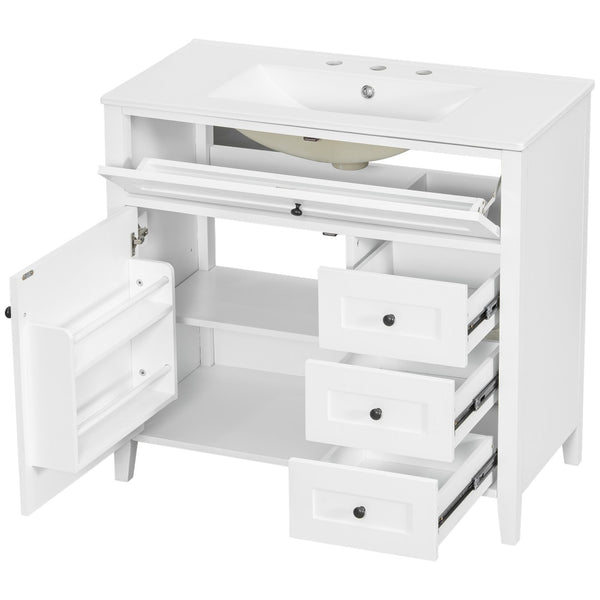 English Elm 36-Inch Freestanding Bathroom Vanity with Ceramic Sink MDF Cabinet and 3 Drawers White N725P464930K