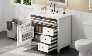 English Elm 36-Inch Freestanding Bathroom Vanity with Ceramic Sink MDF Cabinet and 3 Drawers White N725P464930K