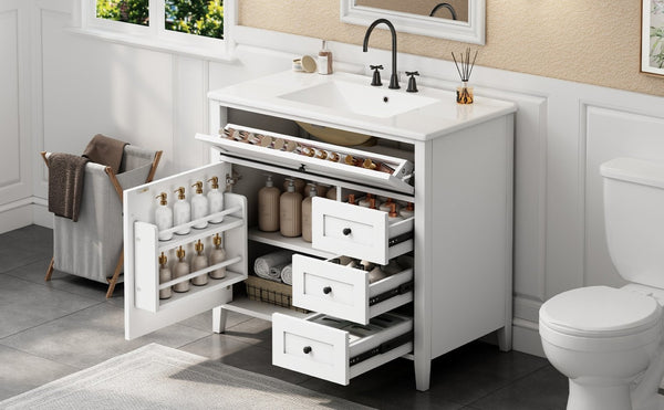 English Elm 36-Inch Freestanding Bathroom Vanity with Ceramic Sink MDF Cabinet and 3 Drawers White N725P464930K