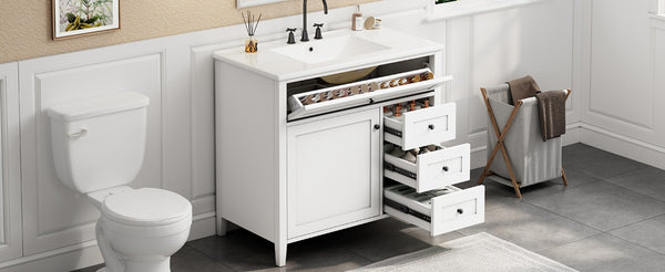 English Elm 36-Inch Freestanding Bathroom Vanity with Ceramic Sink MDF Cabinet and 3 Drawers White N725P464930K