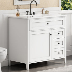 English Elm 36-Inch Freestanding Bathroom Vanity with Ceramic Sink MDF Cabinet and 3 Drawers White N725P464930K