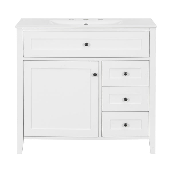 English Elm 36-Inch Freestanding Bathroom Vanity with Ceramic Sink MDF Cabinet and 3 Drawers White N725P464930K