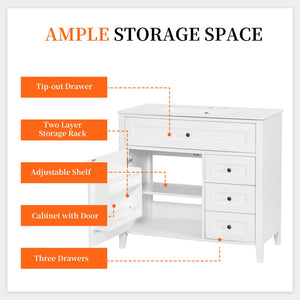 English Elm 36-Inch Freestanding Bathroom Vanity with Ceramic Sink MDF Cabinet and 3 Drawers White N725P464930K