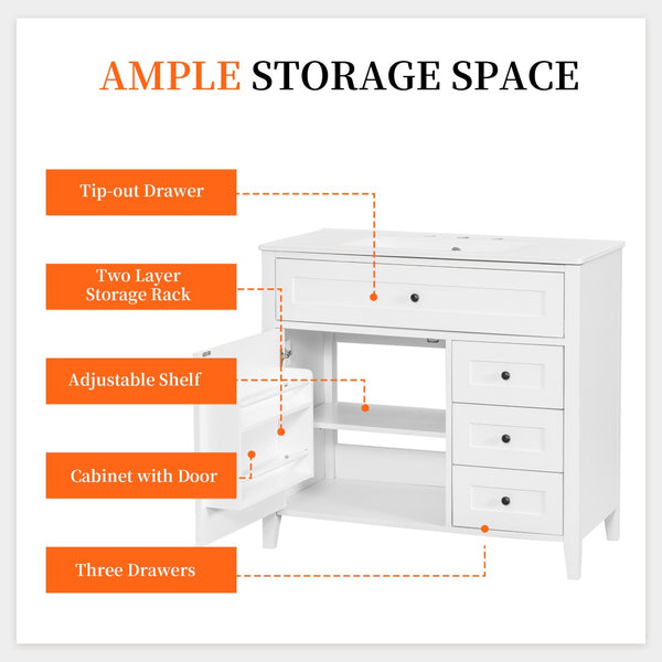 English Elm 36-Inch Freestanding Bathroom Vanity with Ceramic Sink MDF Cabinet and 3 Drawers White N725P464930K