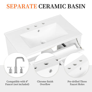 English Elm 36-Inch Freestanding Bathroom Vanity with Ceramic Sink MDF Cabinet and 3 Drawers White N725P464930K