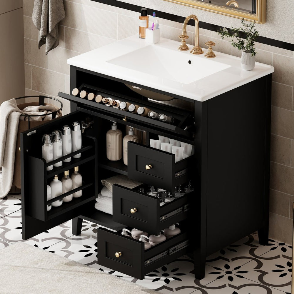 English Elm 30-Inch Freestanding Bathroom Vanity with Ceramic Sink MDF Cabinet and 3 Drawers Black N725P464938B