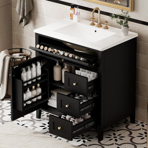 English Elm 30-Inch Freestanding Bathroom Vanity with Ceramic Sink MDF Cabinet and 3 Drawers Black N725P464938B