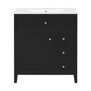 English Elm 30-Inch Freestanding Bathroom Vanity with Ceramic Sink MDF Cabinet and 3 Drawers Black N725P464938B