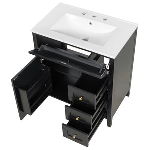 English Elm 30-Inch Freestanding Bathroom Vanity with Ceramic Sink MDF Cabinet and 3 Drawers Black N725P464938B
