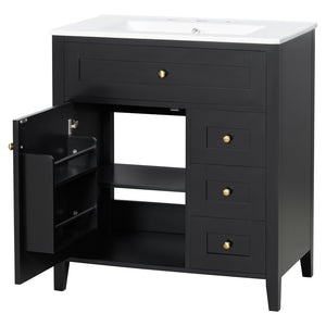English Elm 30-Inch Freestanding Bathroom Vanity with Ceramic Sink MDF Cabinet and 3 Drawers Black N725P464938B