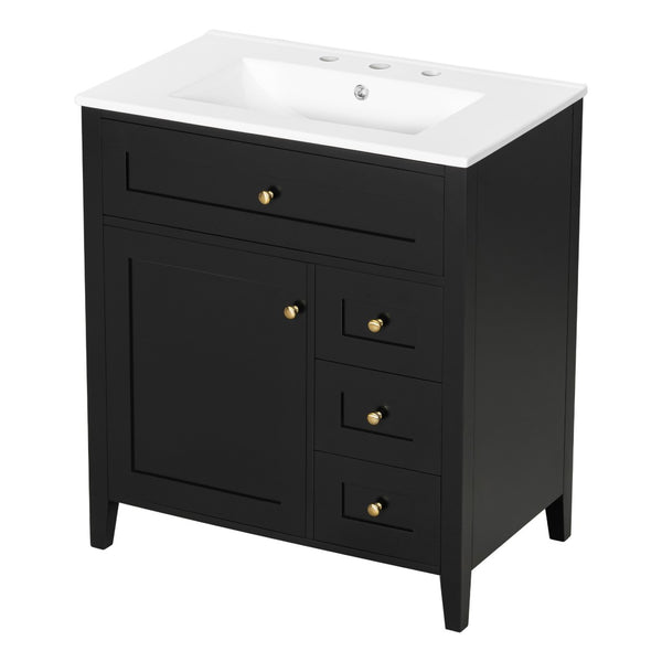 English Elm 30-Inch Freestanding Bathroom Vanity with Ceramic Sink MDF Cabinet and 3 Drawers Black N725P464938B