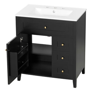 English Elm 30-Inch Freestanding Bathroom Vanity with Ceramic Sink MDF Cabinet and 3 Drawers Black N725P464938B